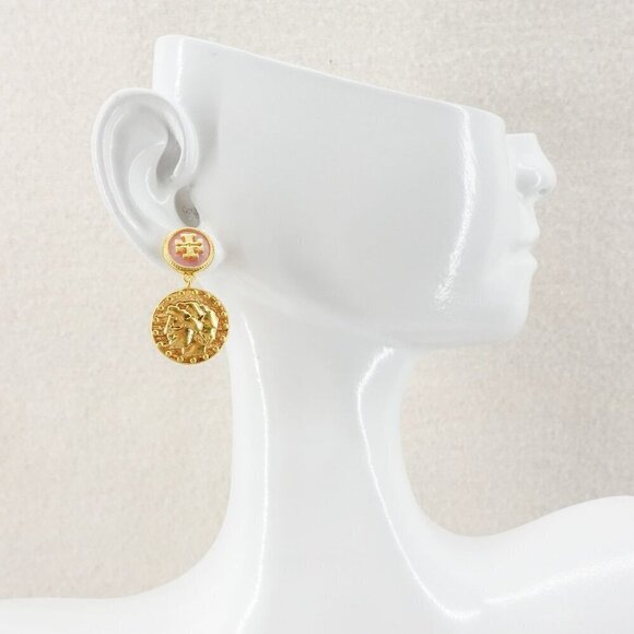 Tory Burch Mother of Pearl Logo Coin Medallion Drop Earrings Pink/Tory Gold OS - Picture 9 of 12